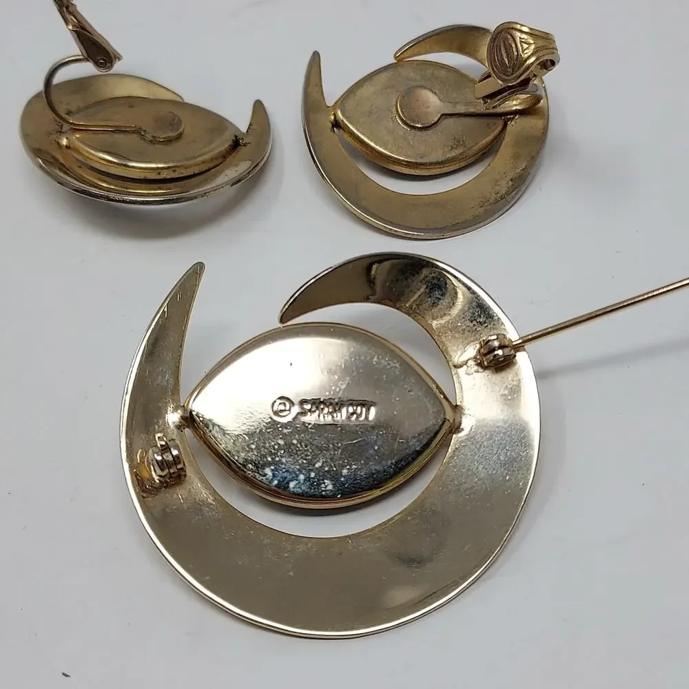Vintage Sarah Coventry Black Saturn Collection Brooch Earrings Set Signed 1961